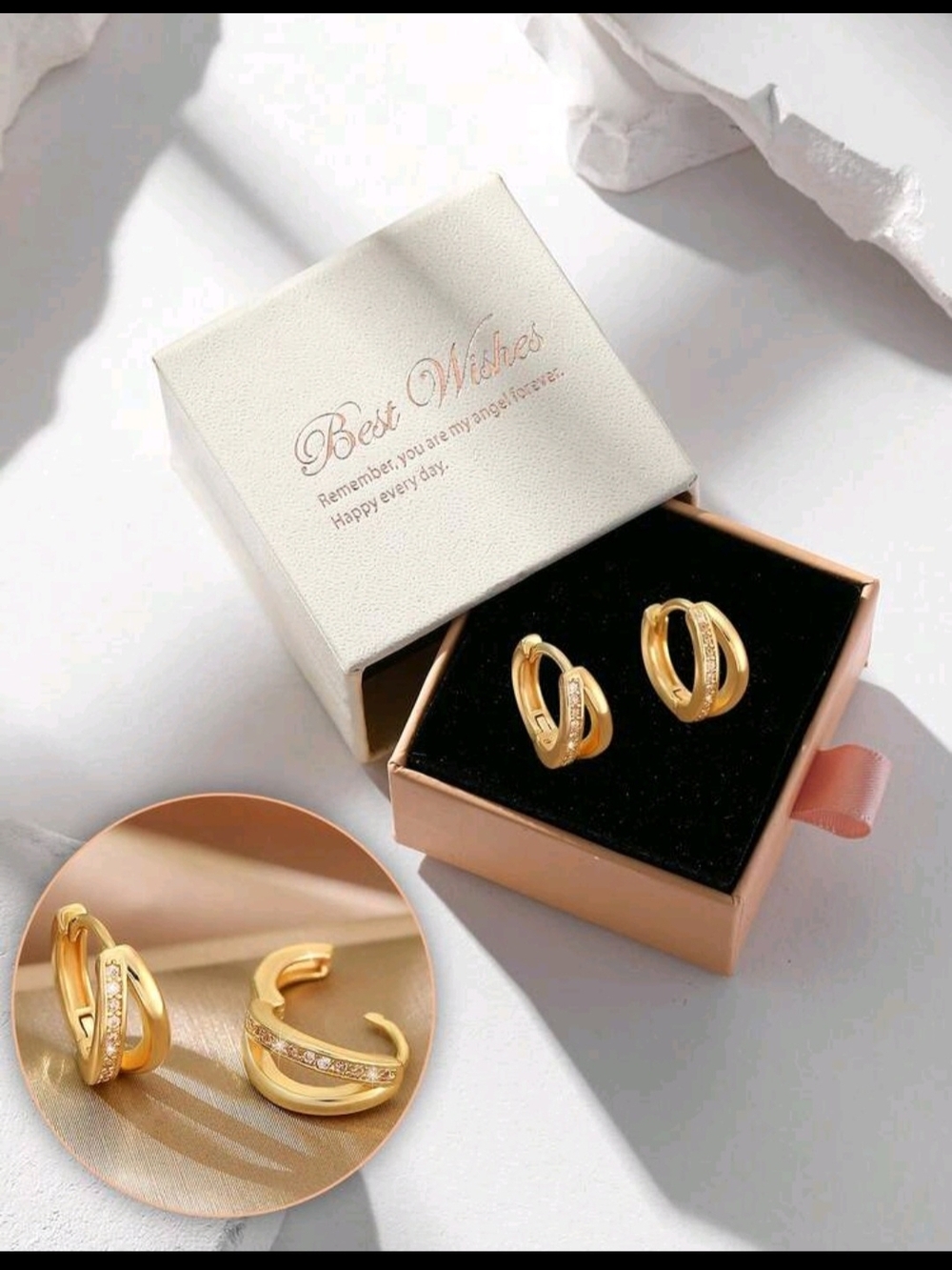 Gold Double-Band Crystal Huggie Hoop Earrings - Women Jewelry